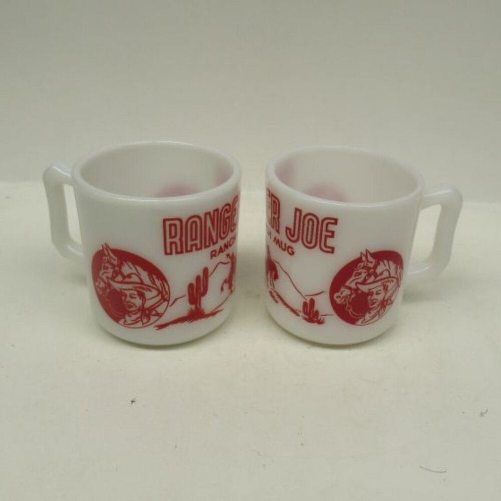 2-Hazel Atlas White with Red Design RANGER JOE RANCH 2 7/8 Inch Childs Mugs